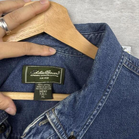 VTG Eddie Bauer Denim Button-Up Shirt Men Sz XL Tall Long Sleeve Pocket Western - Picture 5 of 12